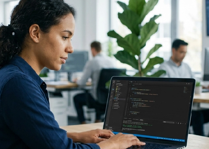 Developer optimizing website code and improving page load speed on a computer screen