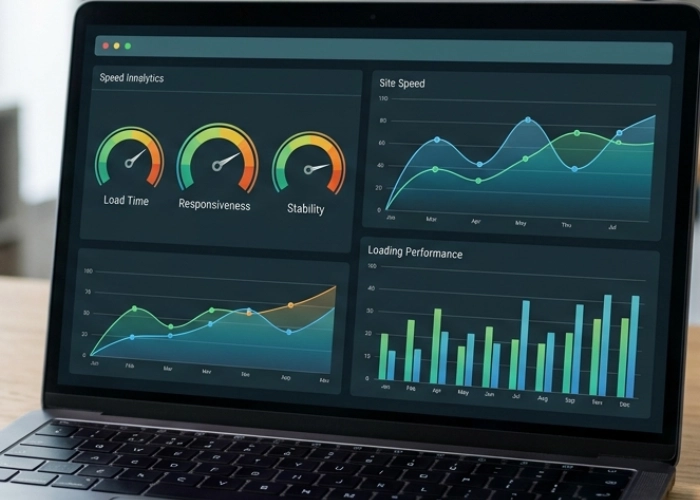Website performance dashboard showing fast loading speed on a modern laptop