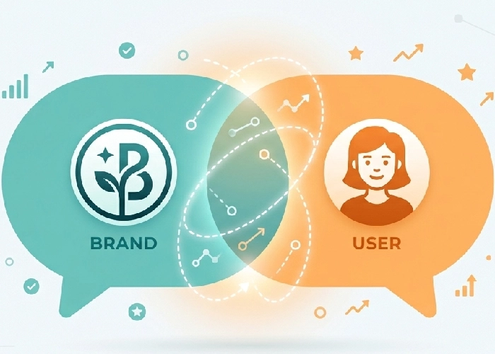 A symbolic illustration of two overlapping speech bubbles seamlessly connecting a brand icon with a user icon.