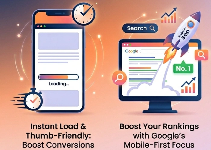 Infographic of responsive web design benefits: speed, SEO, and fluid layout.