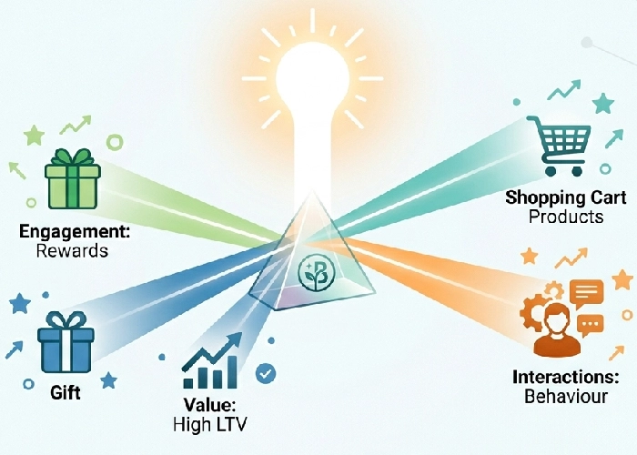 A clean abstract graphic showing a single light source dividing into smaller, focused beams to represent smart customer segmentation.