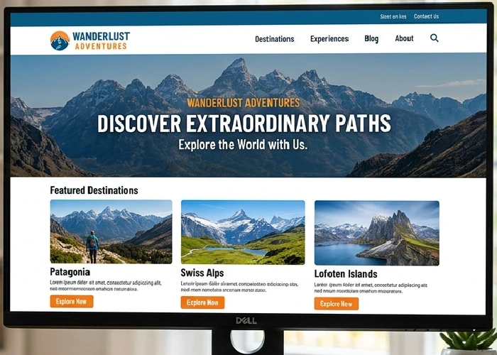 Responsive travel website displayed on a smartphone, tablet, and desktop.