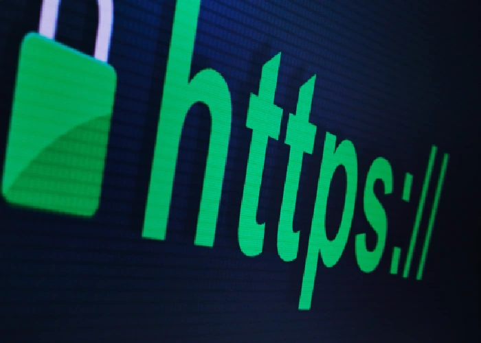 Green padlock icon with HTTPS protocol text indicating a secure web connection