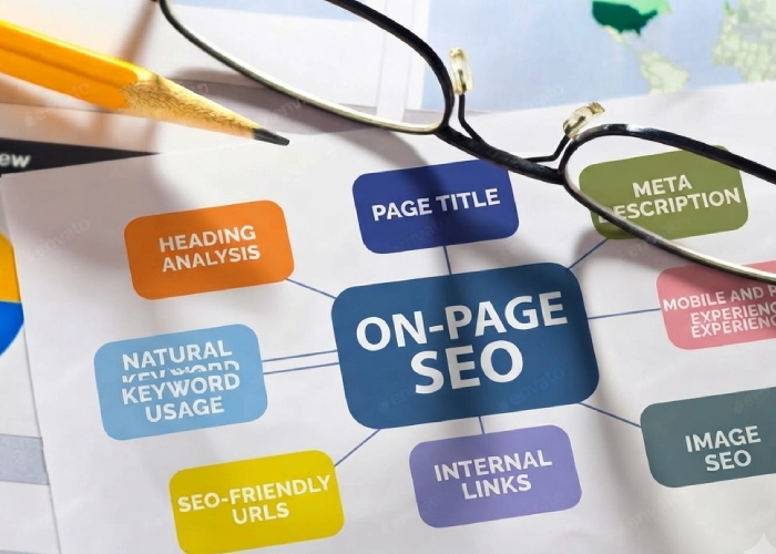 On-page SEO diagram showing heading analysis, page title, meta description, keyword usage, internal links, image SEO, and SEO-friendly URLs.