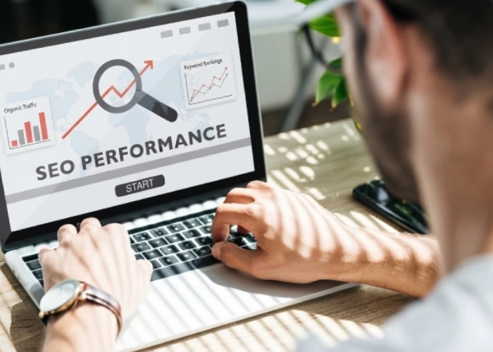 Person working on a laptop displaying SEO performance metrics, organic traffic, and keyword rankings.